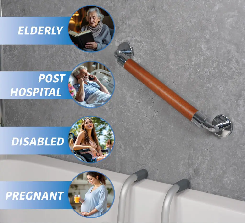The Modern Grab Rail 400mm is fitted on a bathroom wall above a bath, labelled as suitable for elderly, post-hospital, disabled, and pregnant individuals.