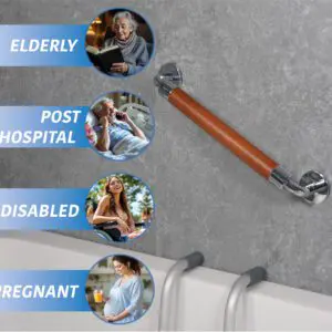 The Modern Grab Rail 400mm is fitted on a bathroom wall above a bath, labelled as suitable for elderly, post-hospital, disabled, and pregnant individuals.