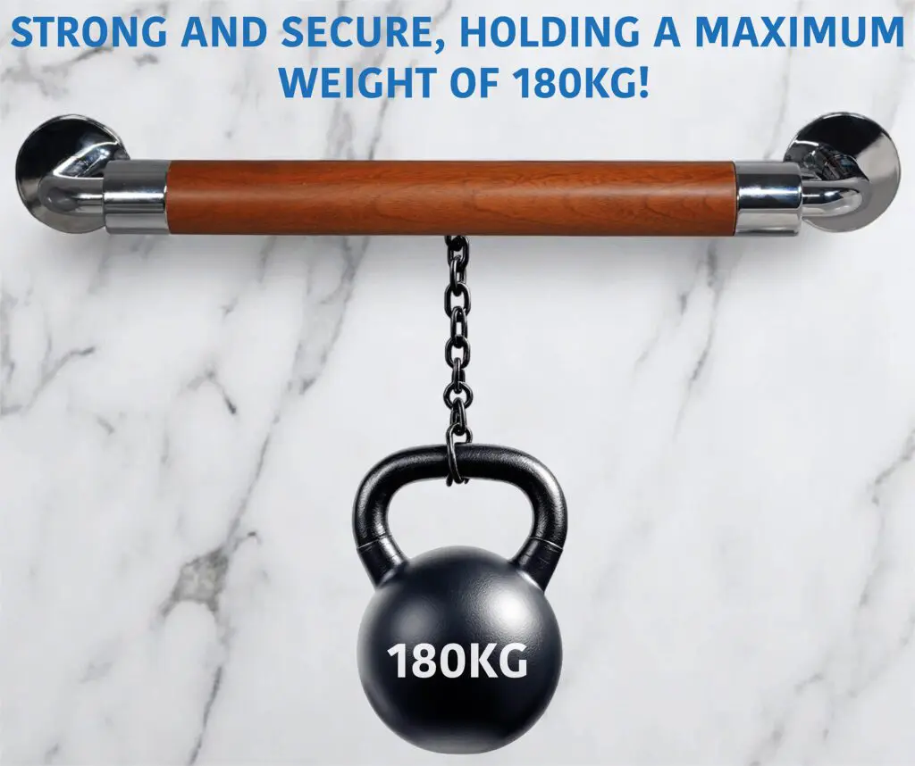 The Modern Grab Rail 400mm is mounted on a wall, supporting a 180kg kettlebell hanging from a chain. Text above reads: "Strong and secure, holding a maximum weight of 180kg!.
