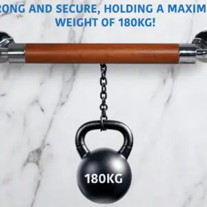 The Modern Grab Rail 400mm is mounted on a wall, supporting a 180kg kettlebell hanging from a chain. Text above reads: "Strong and secure, holding a maximum weight of 180kg!.