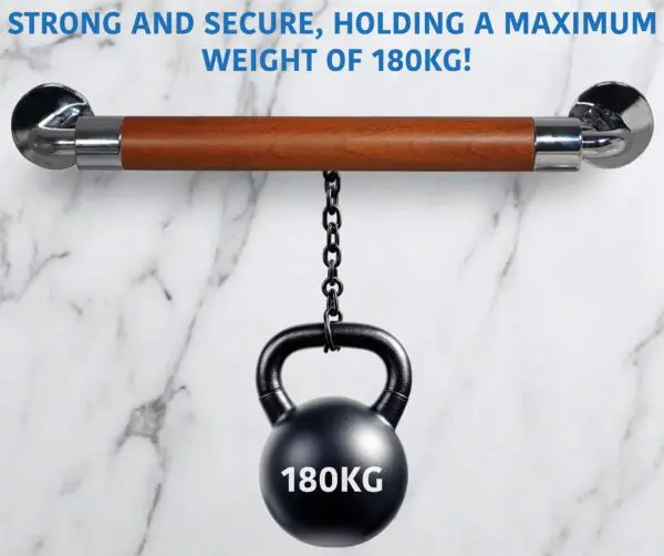 The Modern Grab Rail 400mm is mounted on a wall, supporting a 180kg kettlebell hanging from a chain. Text above reads: "Strong and secure, holding a maximum weight of 180kg!.