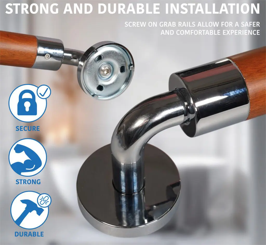 Close-up of the Modern Grab Rail 400mm securely installed, showcasing its wood finish and chrome fittings, with icons and text emphasising its secure, strong, and durable design.