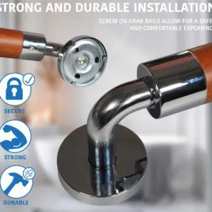 Close-up of the Modern Grab Rail 400mm securely installed, showcasing its wood finish and chrome fittings, with icons and text emphasising its secure, strong, and durable design.