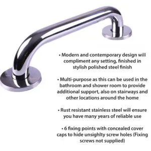 The Stainless Steel grab rail in a polished finish features two mounting plates, a modern look, multi-purpose use, rust resistance, and secure installation with concealed screws.