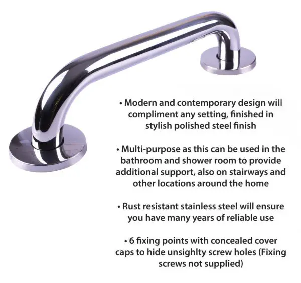 The Stainless Steel grab rail in a polished finish features two mounting plates, a modern look, multi-purpose use, rust resistance, and secure installation with concealed screws.