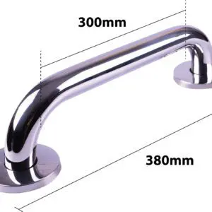 A polished stainless steel grab rail with 300mm distance between fixings, 380mm total length, 90mm height, and an 80mm mounting base width.
