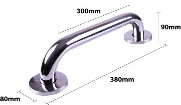 A polished stainless steel grab rail with 300mm distance between fixings, 380mm total length, 90mm height, and an 80mm mounting base width.