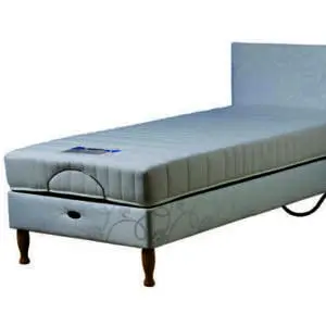 Single adjustable bed with a white mattress, headboard, and wooden legs, featuring a side mechanism for height or angle adjustment.