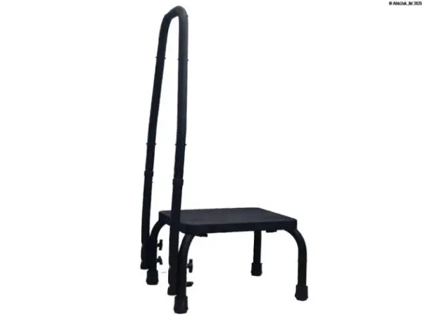 The Footstool with Handrail - Black features a sturdy metal build, four legs, and a tall curved handrail on one side for added support.