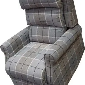 The Broadway Dual Motor Rise and Recline Chair features grey plaid upholstery, a high back, footrest, and is shown raised with its metal lift mechanism visible at the base.