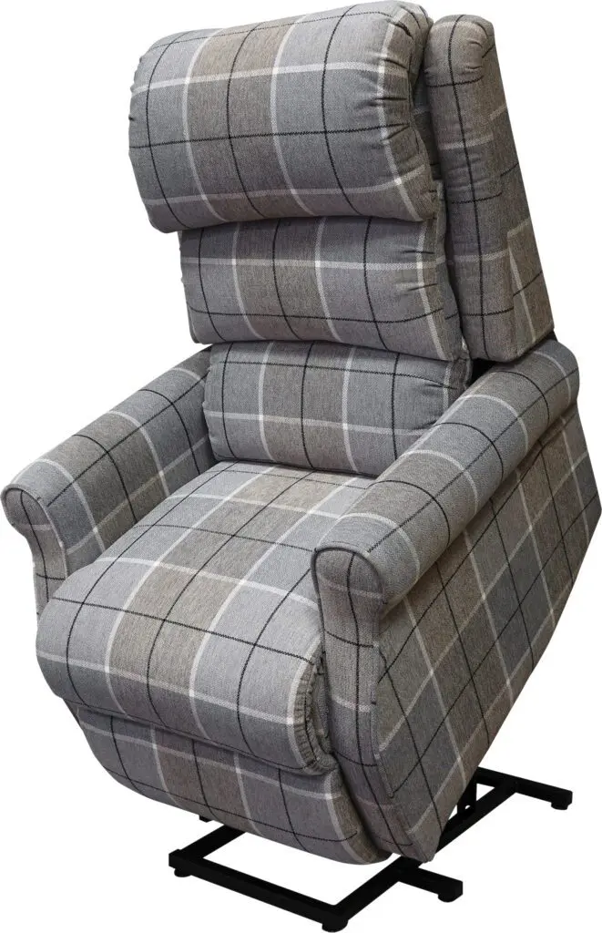 The Broadway Dual Motor Rise and Recline Chair features grey plaid upholstery, a high back, footrest, and is shown raised with its metal lift mechanism visible at the base.
