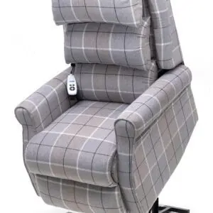 The Broadway Dual Motor Rise and Recline Chair features grey check upholstery, a remote control, and a sturdy metal base to assist users in standing up.