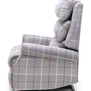 Side view of The Broadway Dual Motor Rise and Recline Chair, a grey upholstered recliner with checked pattern and padded backrest.