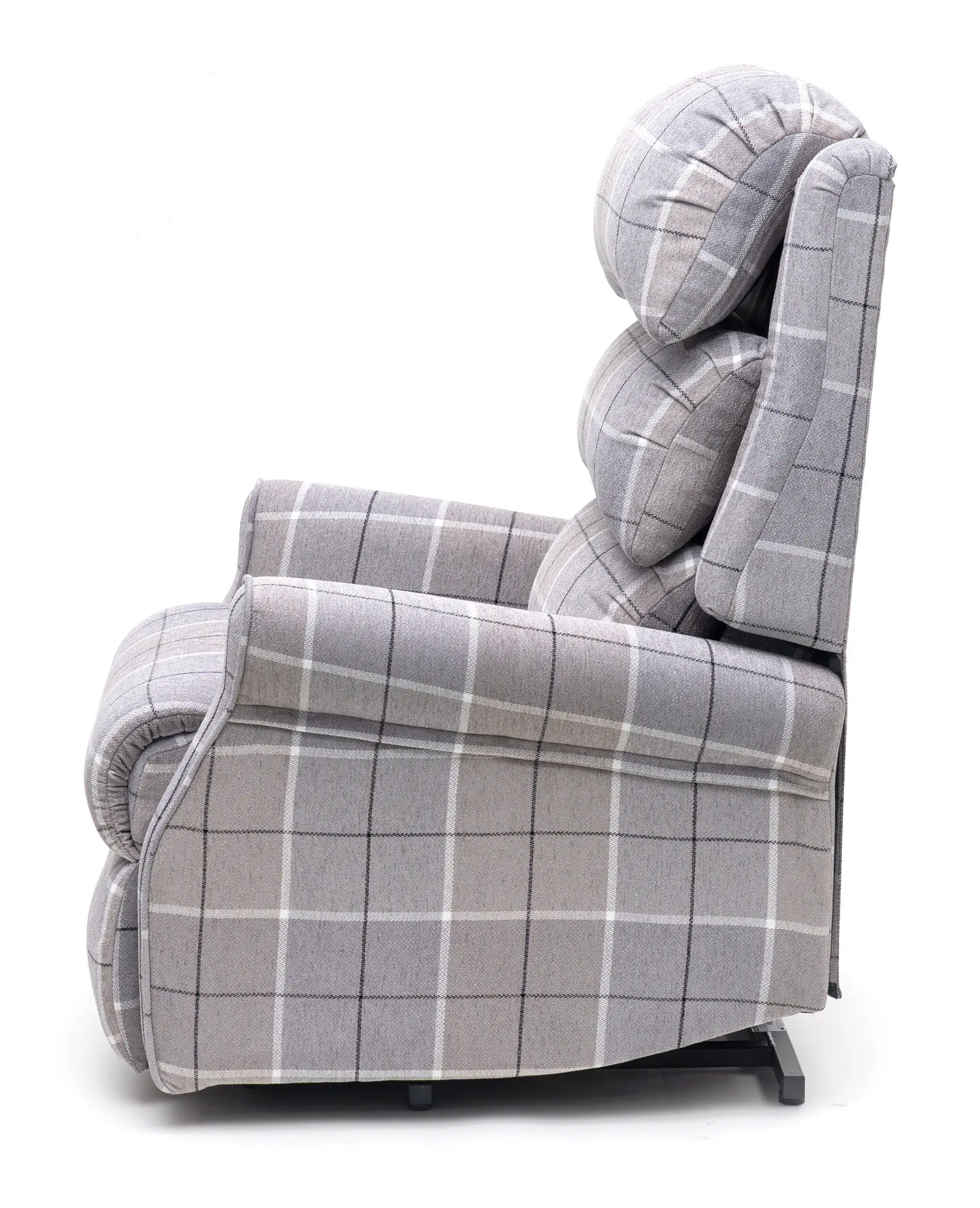Side view of The Broadway Dual Motor Rise and Recline Chair, a grey upholstered recliner with checked pattern and padded backrest.