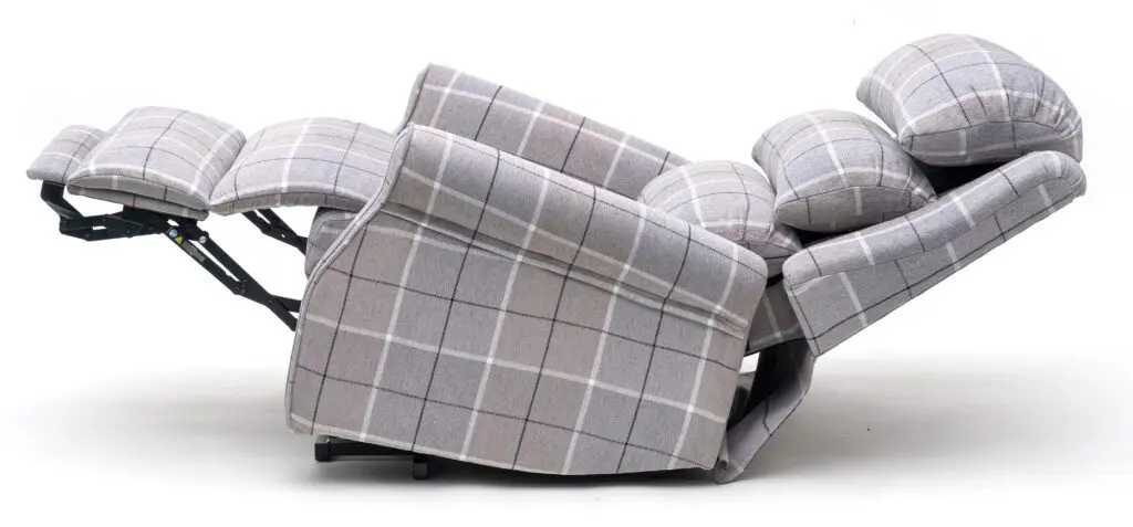 The Broadway Dual Motor Rise and Recline Chair in grey check, fully reclined against a white background.