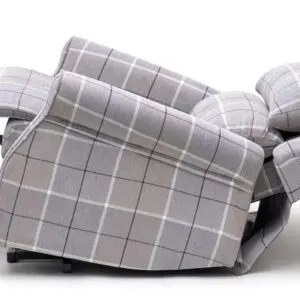 The Broadway Dual Motor Rise and Recline Chair in grey check, fully reclined against a white background.