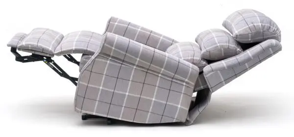 The Broadway Dual Motor Rise and Recline Chair in grey check, fully reclined against a white background.