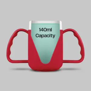 The Adult Drinking Cup features a red handle, a transparent section displaying the liquid inside, and "140ml Capacity" text, set against a grey background.