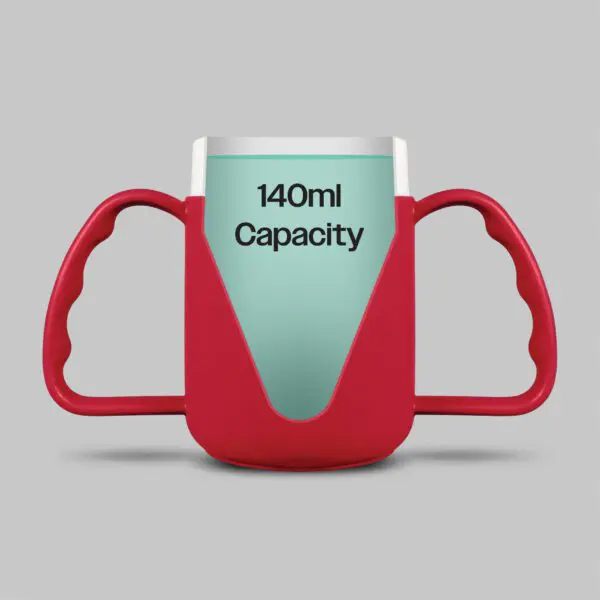 The Adult Drinking Cup features a red handle, a transparent section displaying the liquid inside, and "140ml Capacity" text, set against a grey background.