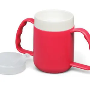 An Adult Drinking Cup 140ml Capacity in red with two handles and a white interior is displayed beside its transparent spout lid.