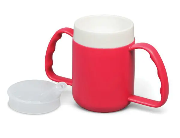 An Adult Drinking Cup 140ml Capacity in red with two handles and a white interior is displayed beside its transparent spout lid.