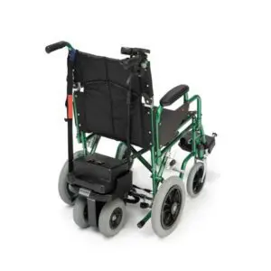 The S Drive Powerstroll is a green and black motorised wheelchair with a padded seat, backrest, and rear armrest control panel.