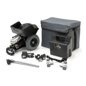 The S Drive Powerstroll set includes a motorised wheel unit, carrying case, battery pack, remote, rod, and mounting accessories, all displayed on a white background.