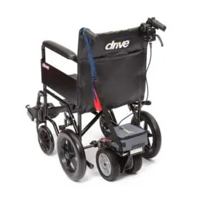 A lightweight Powerstroll wheelchair in black with a rear-attached electric motor unit, viewed from behind against a white background.