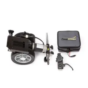 Lightweight Powerstroll wheelchair power assist kit, featuring motorised wheels, control unit, and carrying bag, shown on a white background.