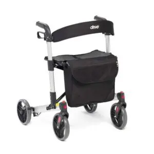 The X Fold Rollator is a lightweight, foldable walking frame with four wheels, a black seat, storage pouch, and adjustable handles.