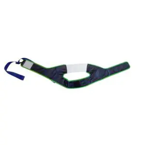 A blue and black padded transfer sling with a green trim, featuring an oval cut-out in the centre and an attached adjustable blue strap.
