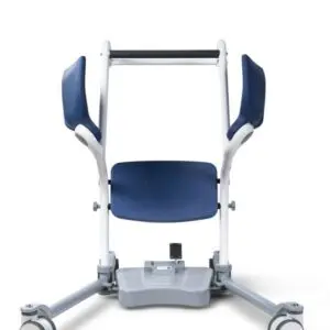 The Boost Adjustable Transfer Aid is shown from the front, featuring a blue seat and armrests, a white frame, and wheels.