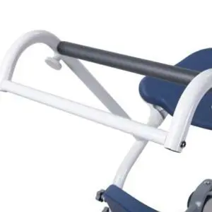 Close-up view of the Boost Adjustable Transfer Aid in blue and white, featuring a curved handlebar and padded seat.
