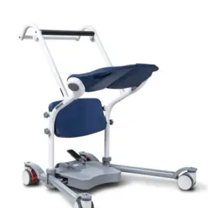The Boost Adjustable Transfer Aid is a blue and white chair with wheels designed to assist patient mobility in healthcare settings.