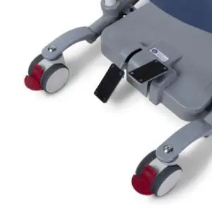Close-up view of the base of the Boost Adjustable Transfer Aid, featuring grey and red castor wheels and a black foot pedal.