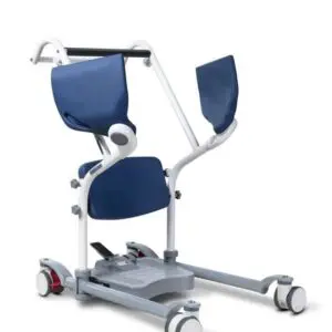 The Boost Adjustable Transfer Aid is a blue and white mobility device with a seat, backrest, arm supports, and four wheels for patient transfer assistance.