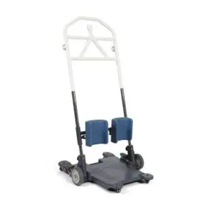 The Motion Transfer Aid features a wheeled base, two blue padded knee supports, and a white metal handlebar to provide mobility assistance.