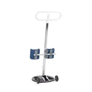The Swivel Patient Turner is a mobility aid with a circular base, two small wheels, an upright handlebar, and two adjustable blue knee supports.