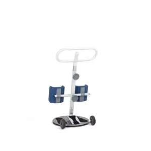 The Swivel Patient Turner is a white and blue mobility aid with wheels, a handlebar, knee supports, and a foot platform, designed to assist with safe patient transfers.