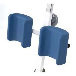 Close-up of two blue cushioned knee pads attached to a white metal frame, part of the Swivel Patient Turner.