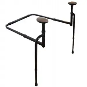 The Stander EZ Stand N Go is a black metal stand with three adjustable legs, two featuring round padded tops, designed to provide support or hold objects.
