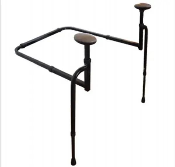 The Stander EZ Stand N Go is a black metal stand with three adjustable legs, two featuring round padded tops, designed to provide support or hold objects.