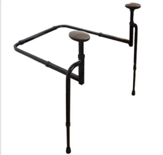 The Stander EZ Stand N Go is a black metal stand with three adjustable legs, two featuring round padded tops, designed to provide support or hold objects.