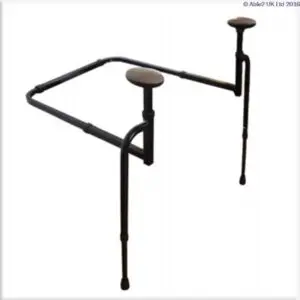 The Stander EZ Stand N Go features an adjustable metal frame with dual arm supports, designed to fit around a standard toilet for enhanced stability and assistance.
