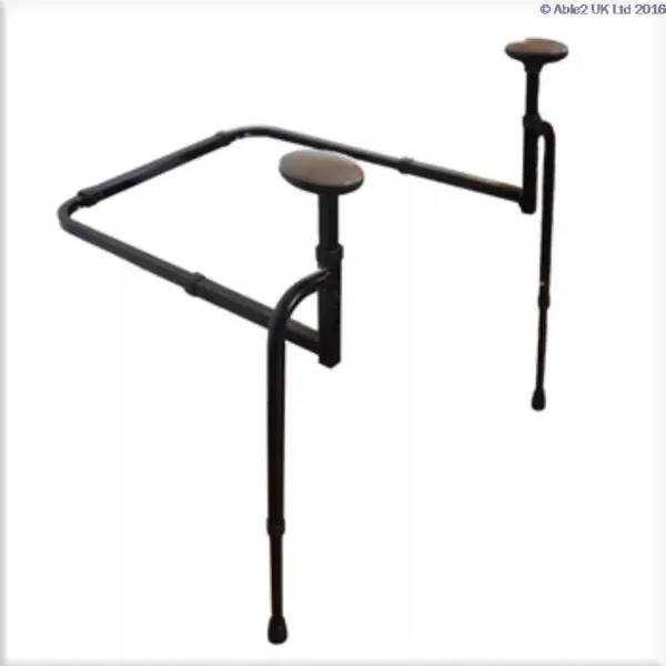 The Stander EZ Stand N Go features an adjustable metal frame with dual arm supports, designed to fit around a standard toilet for enhanced stability and assistance.
