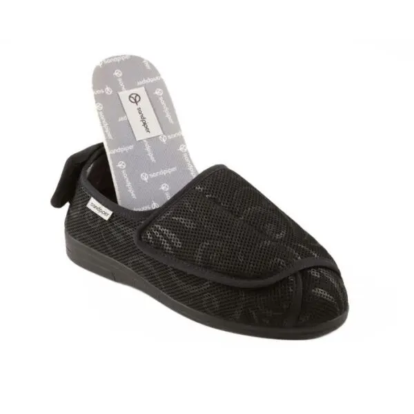 The Wendy Ladies Extra-Wide Fold-Flat Slipper is a black mesh medical slipper with a removable insole and adjustable strap, shown on a white background.