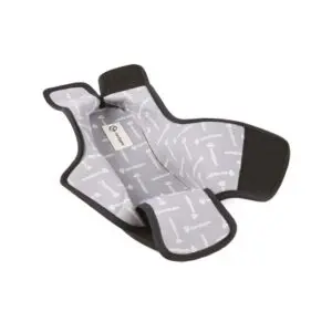 The Wendy Ladies Extra-Wide Fold-Flat Slipper, in grey with black edges and printed patterns, features a central label and is shown laid flat on a white background.