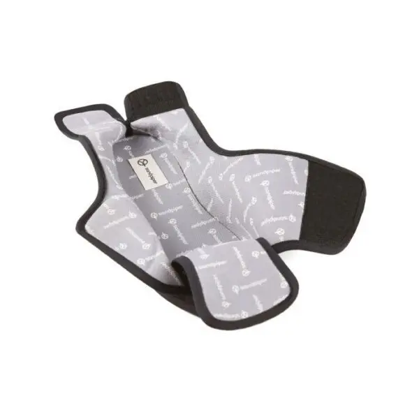 The Wendy Ladies Extra-Wide Fold-Flat Slipper, in grey with black edges and printed patterns, features a central label and is shown laid flat on a white background.