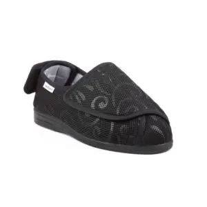 A single black orthopaedic slipper with a wide, adjustable Velcro fastening and a breathable mesh upper, shown on a plain white background.