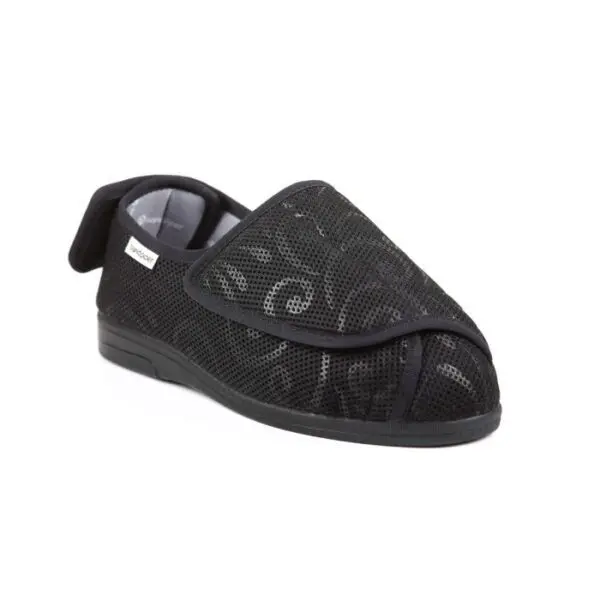 A single black orthopaedic slipper with a wide, adjustable Velcro fastening and a breathable mesh upper, shown on a plain white background.
